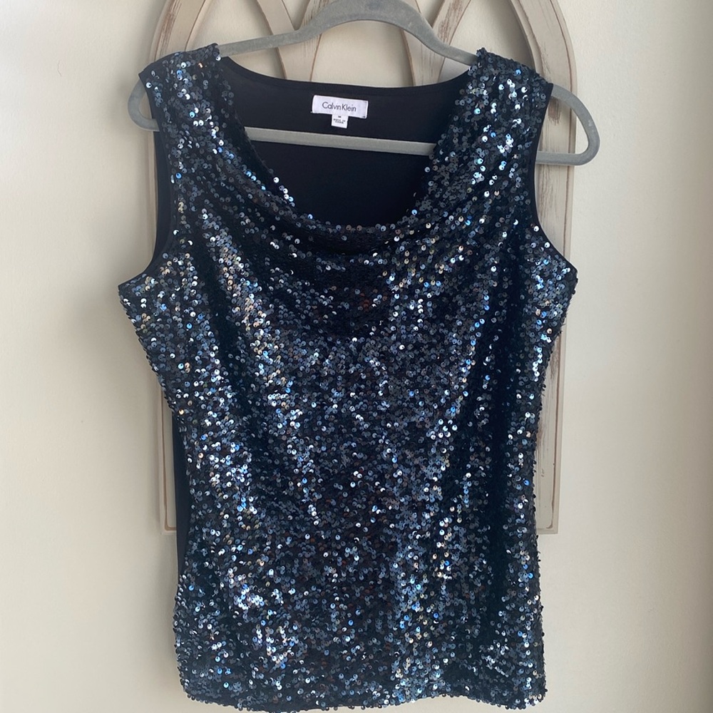 Calvin Klein dark navy  Sequins with black back draped  neck Tank size medium
